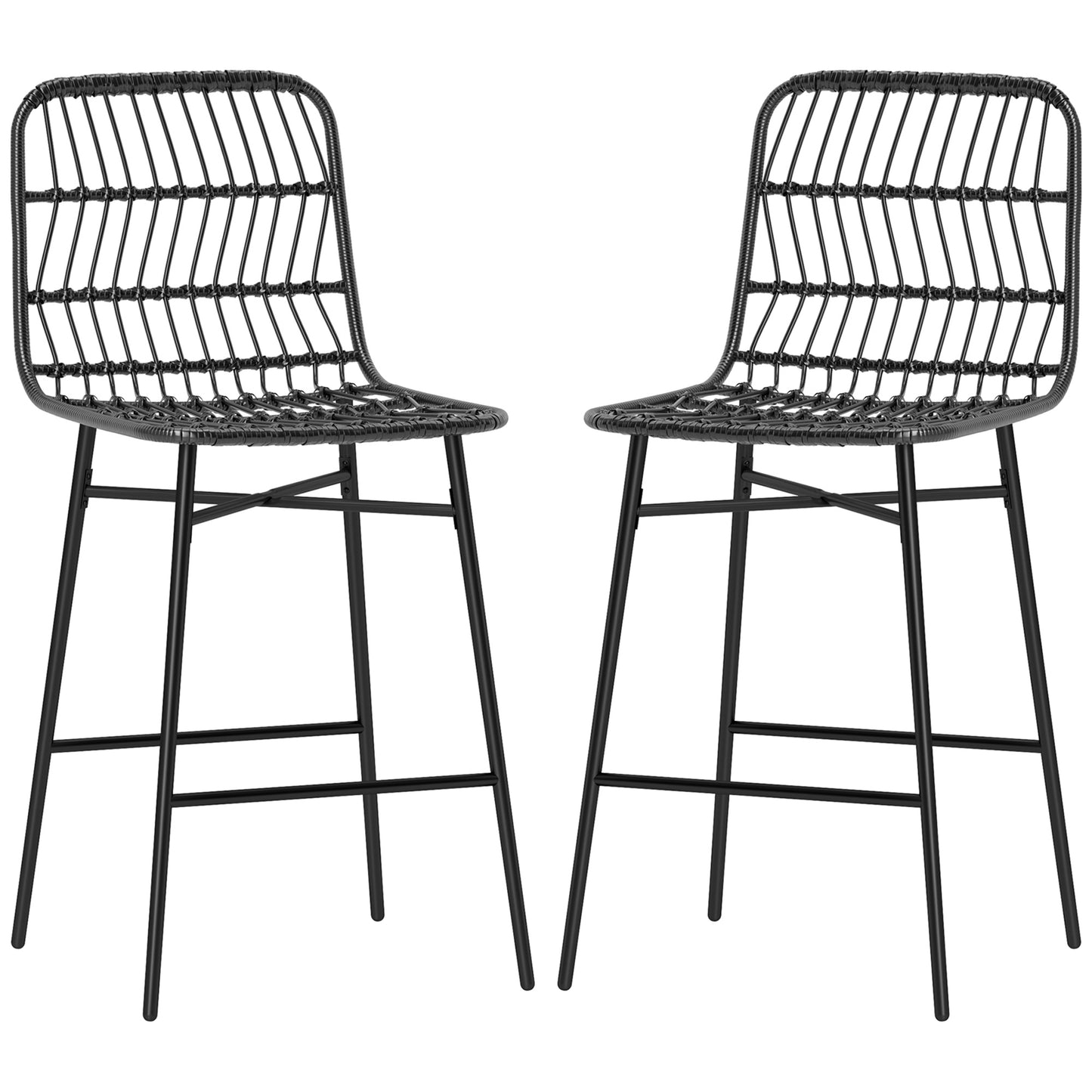 Rattan Counter Bar Stools Set of 2, 26" Counter Height Barstools with Back, Bar Chairs for Kitchen Island, Black