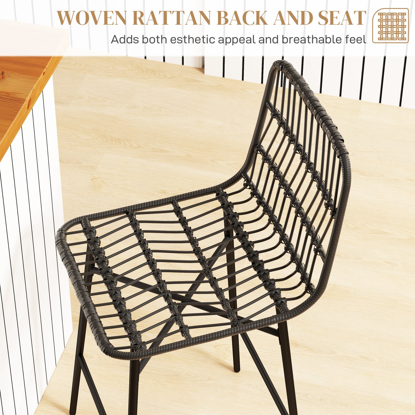 Rattan Counter Bar Stools Set of 2, 26" Counter Height Barstools with Back, Bar Chairs for Kitchen Island, Black