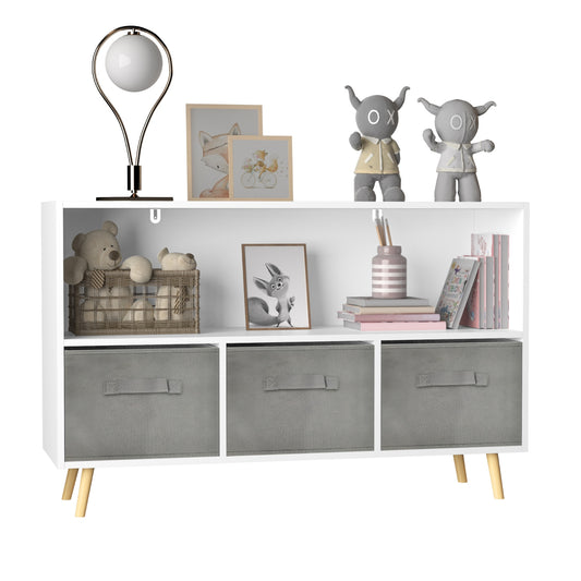 Kids Bookcase With Fabric Drawers, Children's Book Display & Toy Storage Cabinet