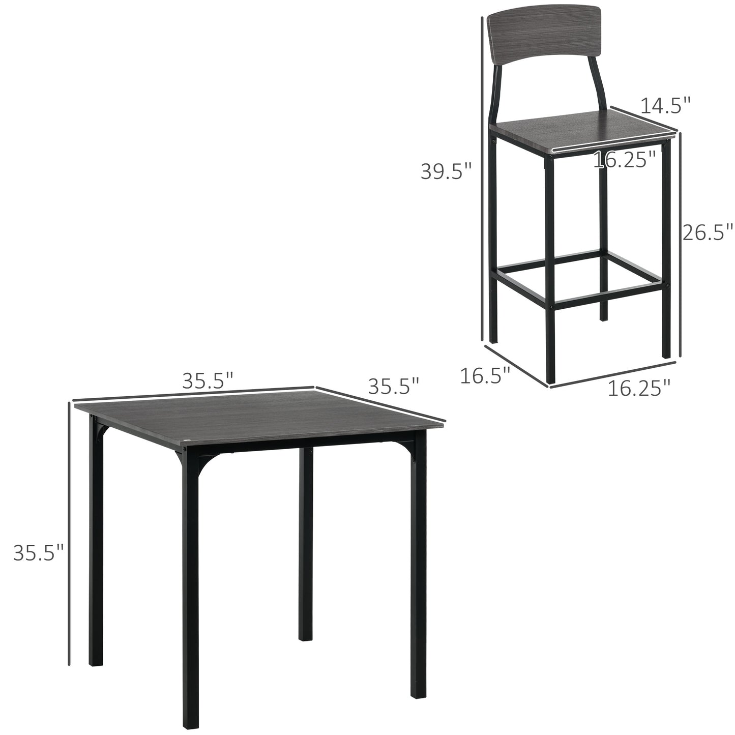 5-Piece Counter Height Bar Table with Space-Saving Design, Square Kitchen Table and Chairs Set with Footrest, Metal Legs, Industrial Dining Table Set for 4, Gray