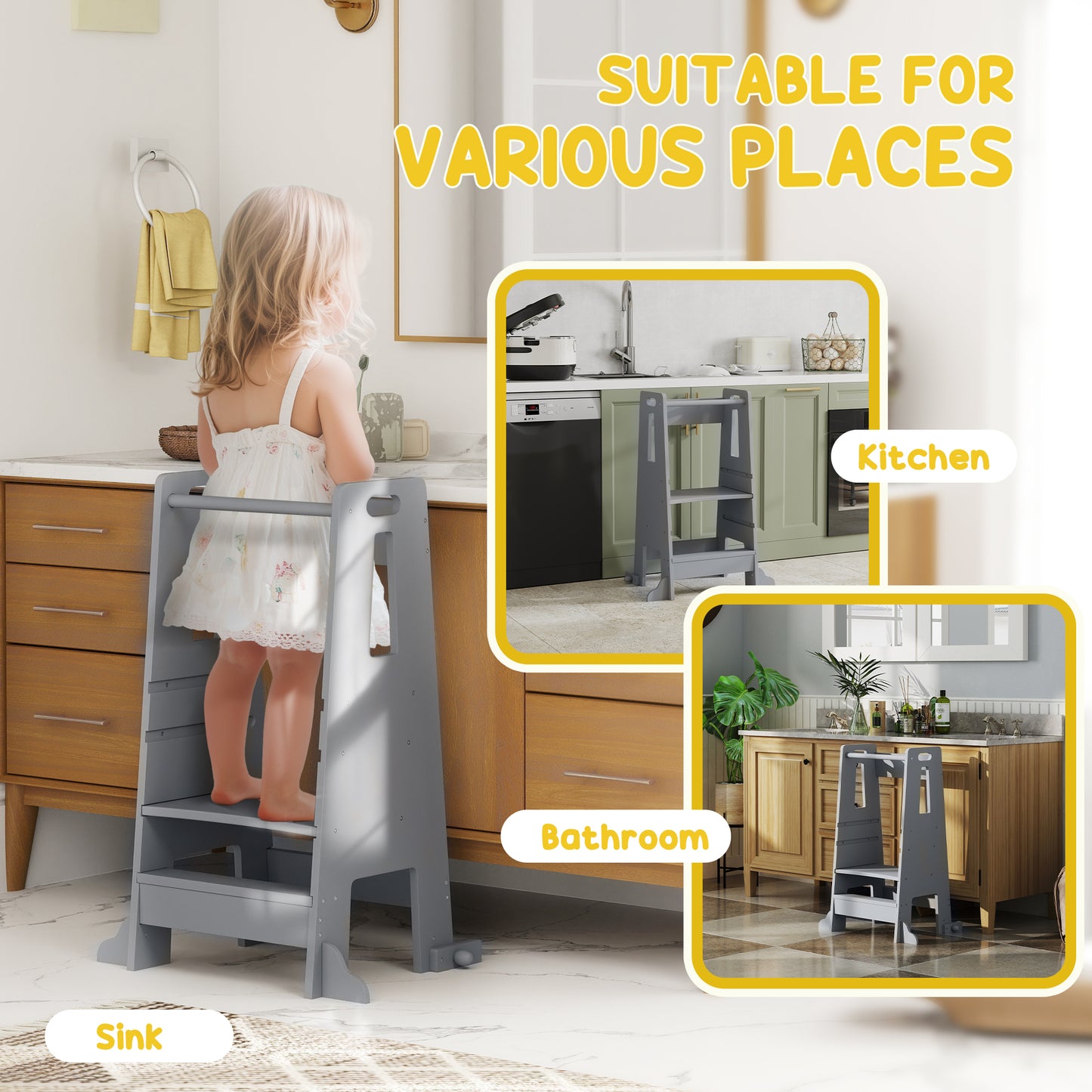 Height Adjustable Toddler Tower w/ Safety Rail