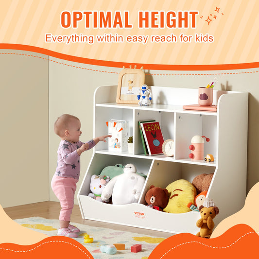 Wood Kid Storage Cubby, Toy Storage Organizer With Bookshelf, 5-Cubby Wood Toy Storage Cabinet, Children Book Toy Shelf For Kids Room, Playroom, Kindergarten, Nursery, White
