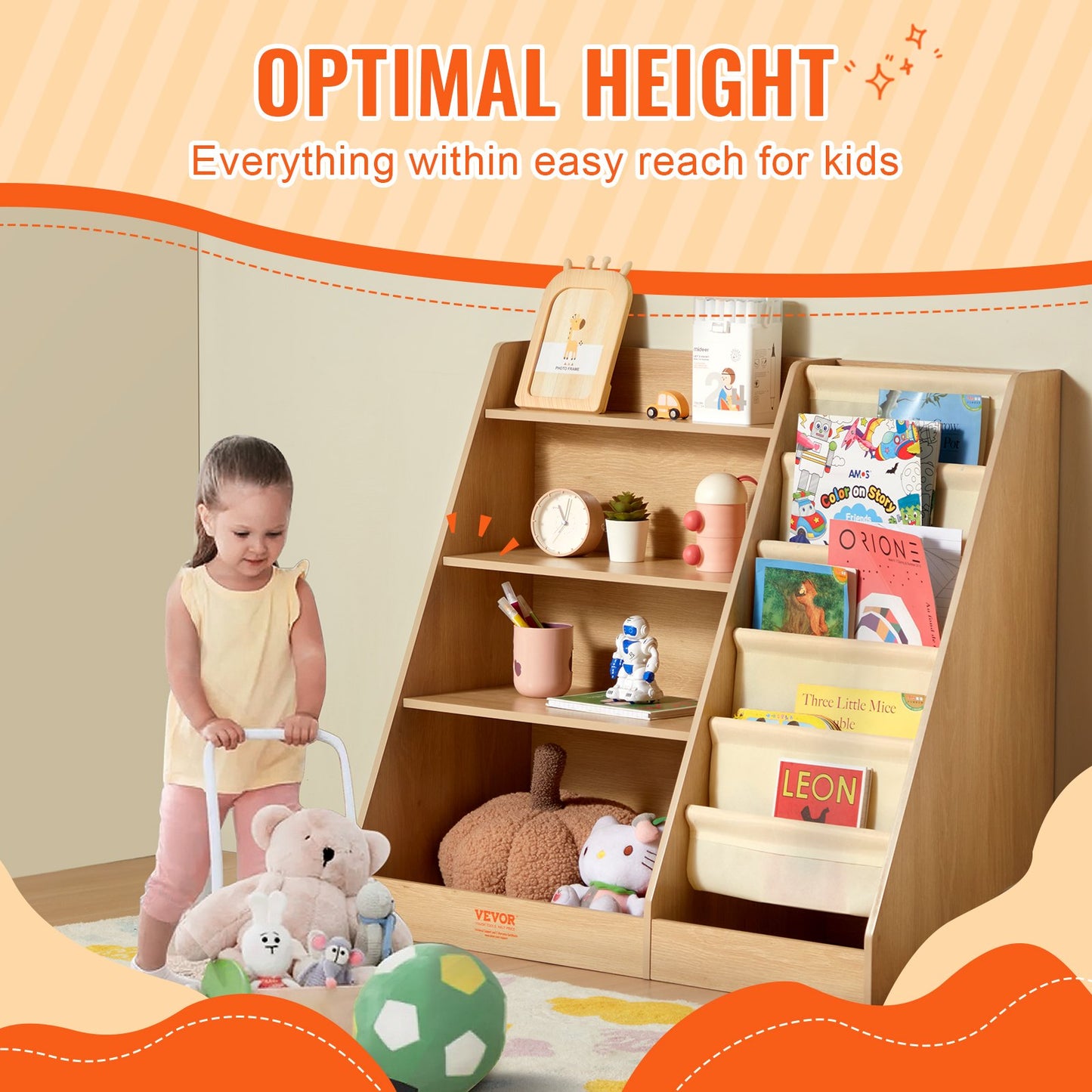 4-Tier Kids Wooden Bookshelf, Six-Layer Sling Bookcase, Baby Storage Book Rack, Book Toy Organizer Cabinet, For Kids Room, Playroom, Kindergarten, Nursery