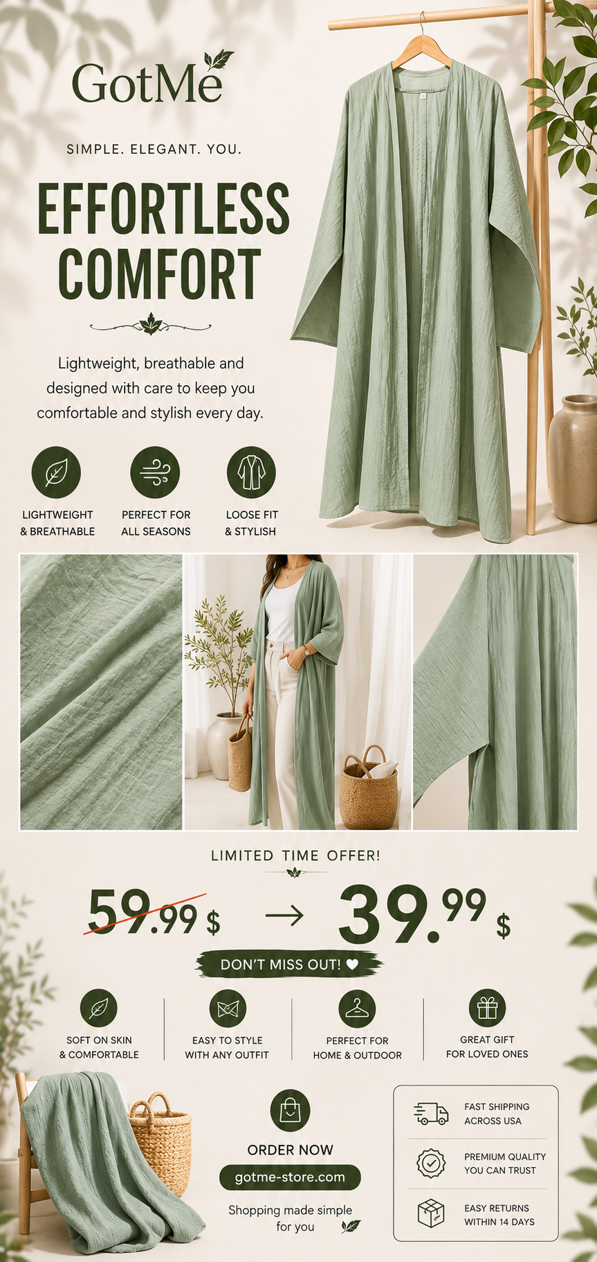 Women’s Lightweight Open-Front Abaya – Sage Green Relaxed Fit