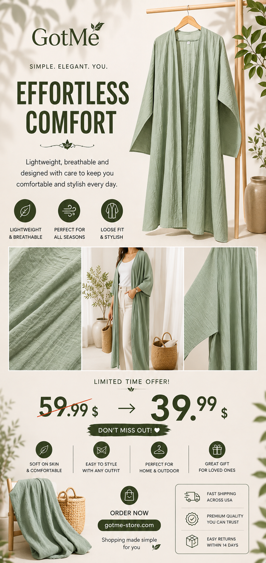 Women’s Lightweight Open-Front Abaya – Sage Green Relaxed Fit