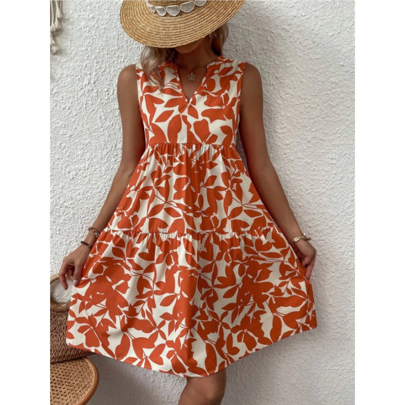 V-Neck Pleat-Print Dress