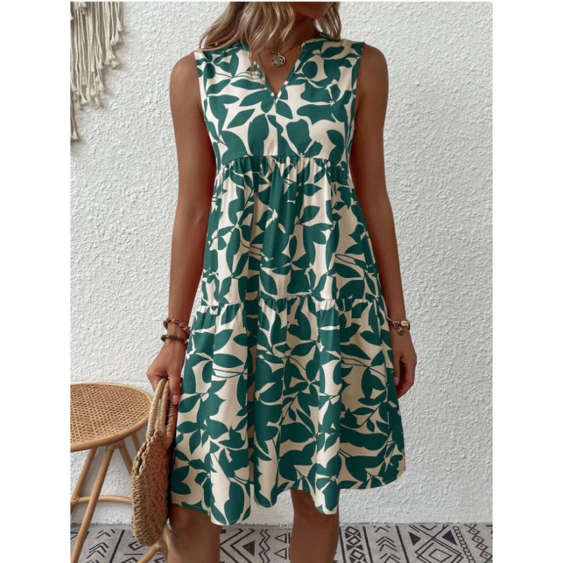 V-Neck Pleat-Print Dress