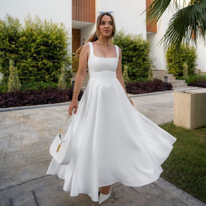 Solid Color Square Neck Sleeveless Strap Dress
