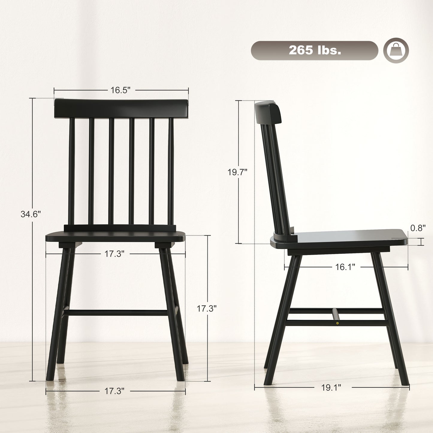 Dining Chairs Set of 2, Farmhouse Wood Kitchen Chairs with Rubber Wood Frame, Spindle Back for Dining Room, Black