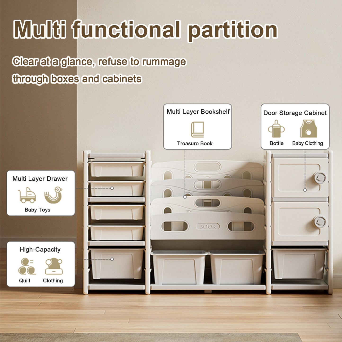 Kids Toy Storage Organizer 8 Storage Cabinet Removable Toy Bins, 4-Tier Book Organizers Storage And 2 Cabinet Storage, Kids Bookshelf And Toy Storage For Playroom, Bedroom, Kids Room