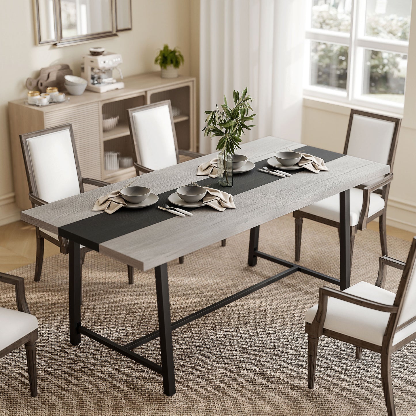 Industrial Kitchen Table for 8 People, 70.9" Long Dining Table with Large Tabletop and Steel Legs for Dining Room, Gray