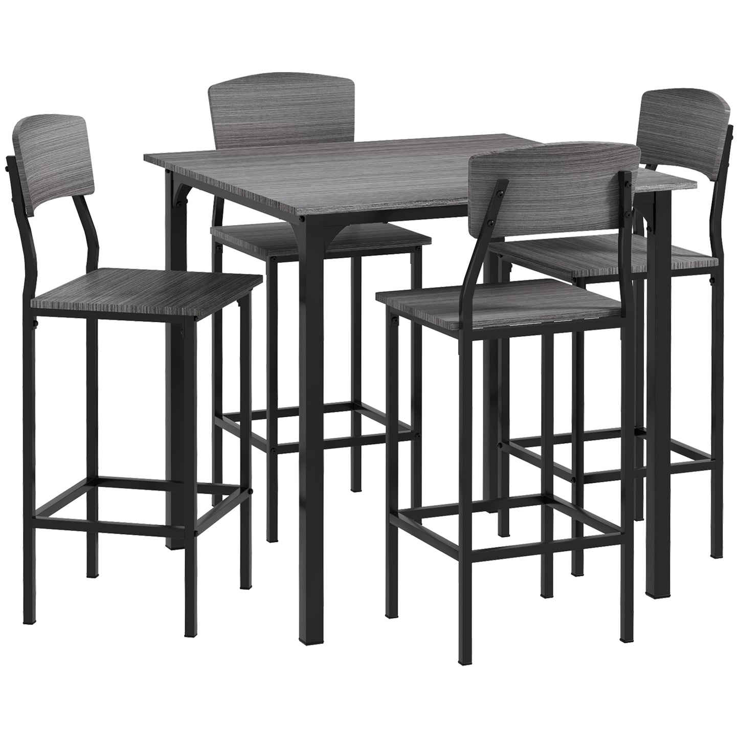 5-Piece Counter Height Bar Table with Space-Saving Design, Square Kitchen Table and Chairs Set with Footrest, Metal Legs, Industrial Dining Table Set for 4, Gray