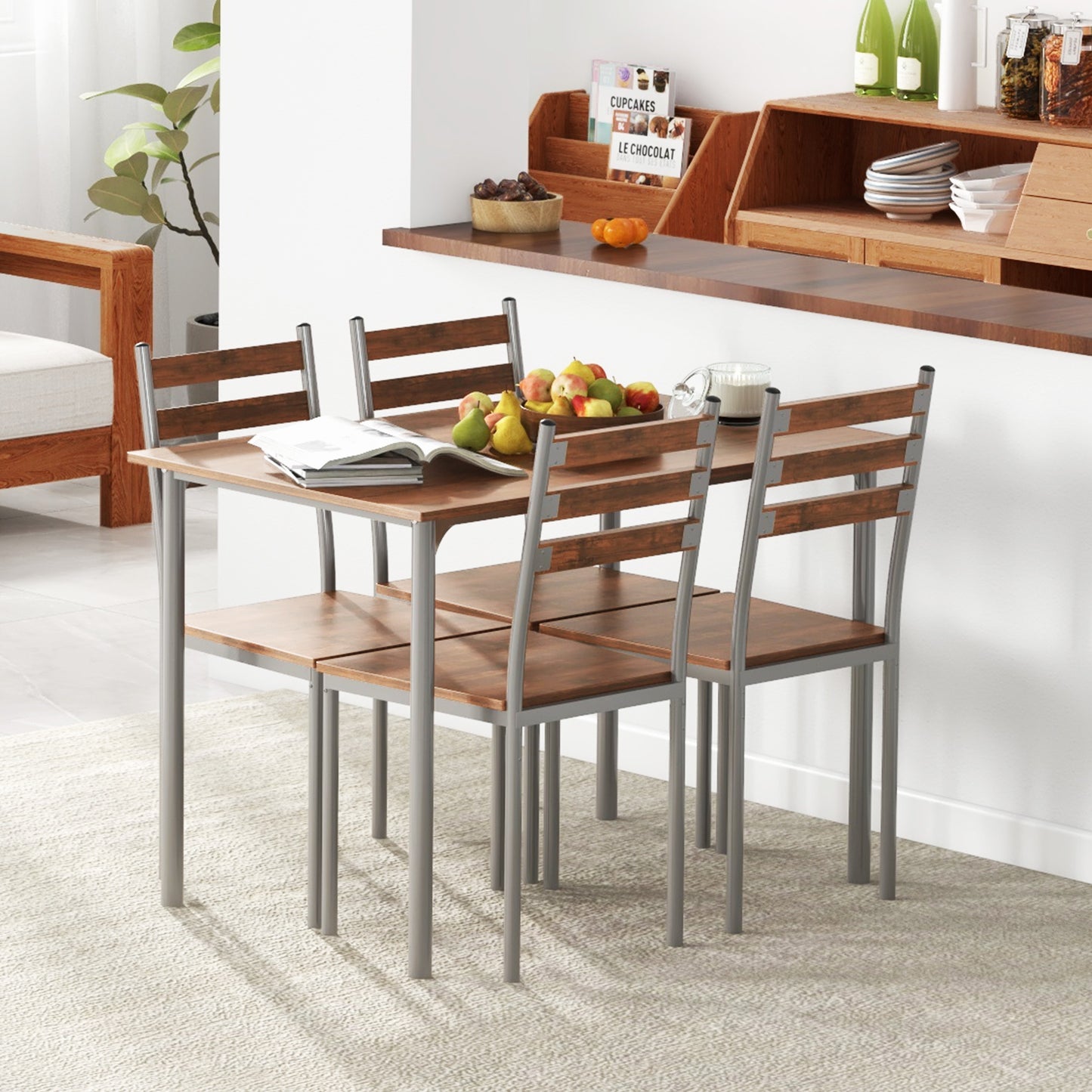 Modern Dining Table Set for 4, 5-Piece Kitchen Table Set, Rectangular Dining Table and 4 Chairs for Small Space, Dinette, Breakfast Nook, Brown