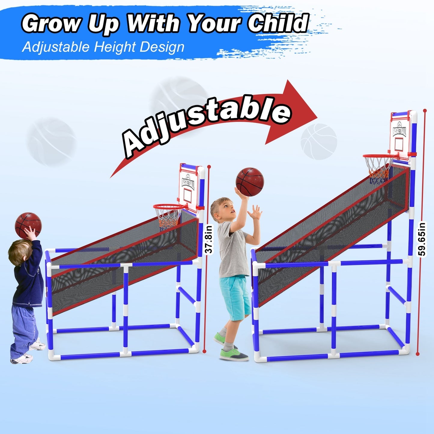 1Set Kids Basketball Game Set With 2 Balls Adjustable Height Basketball Hoop Arcade Game Indoor Outdoor Toys For Boys Girls Aged 3 To 12