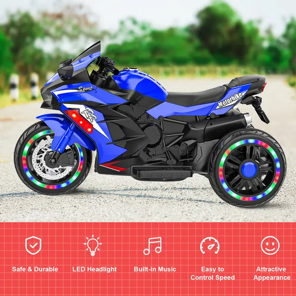 Kids Powered Ride-ons Toy, Kids Motorcycle For 3-6 Years, 12V Electric Ride On Motorcycle With Light Wheel & Bluetooth Music-Blue
