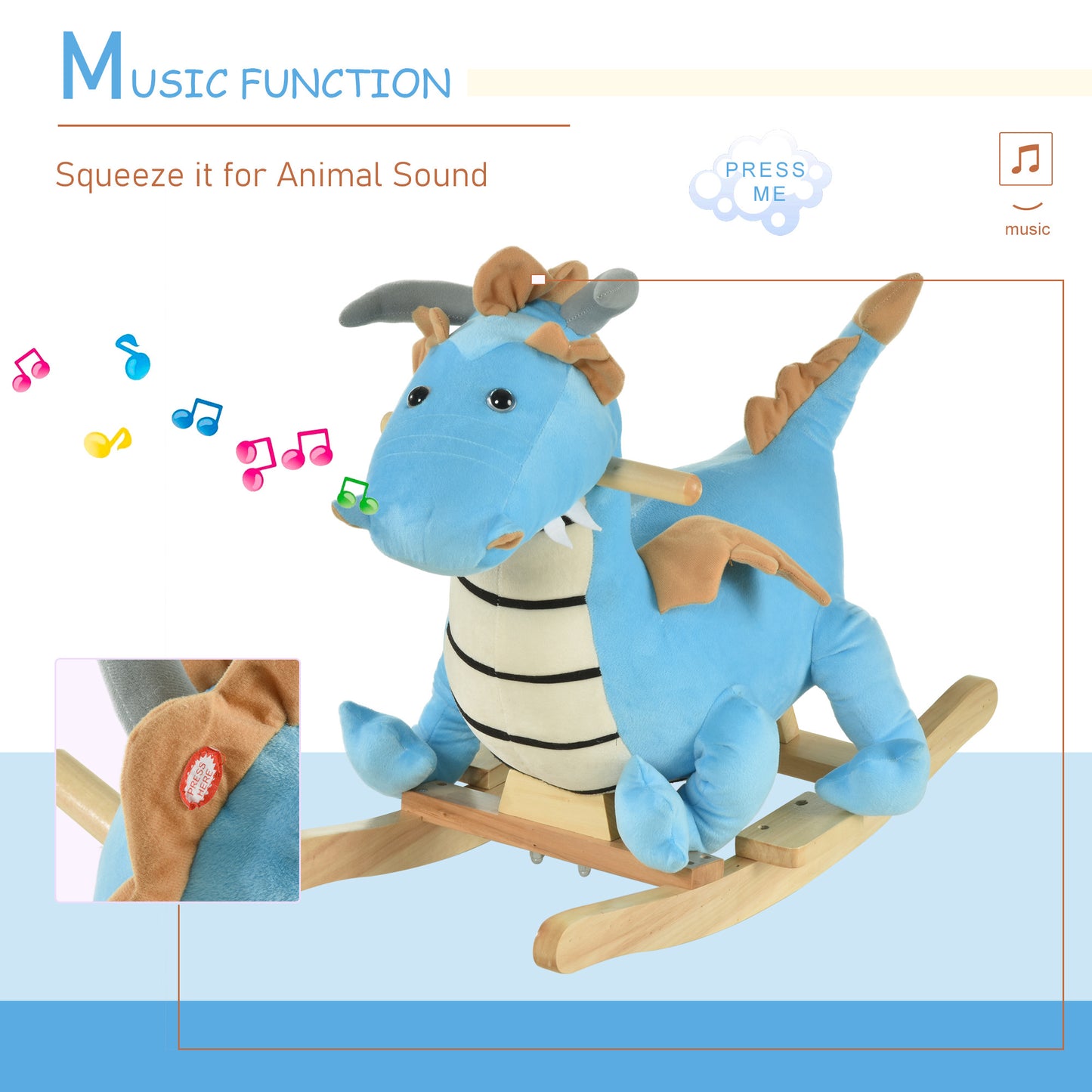 Wooden Dinosaur Rocking Horse, Realistic Sounds,  Prehistoric Child Ride-On Toy, Blue, For 18-36 Months