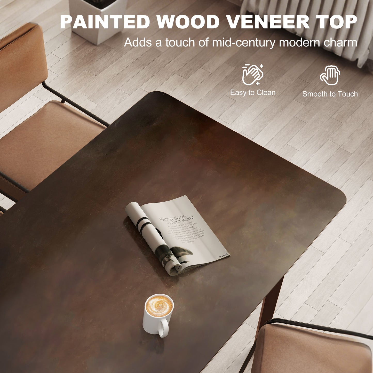 47.2" Rectangle Dining Table for 4, Mid-Century Modern Kitchen Table with Rubber Wood Frame for Dining Room, Mahogany