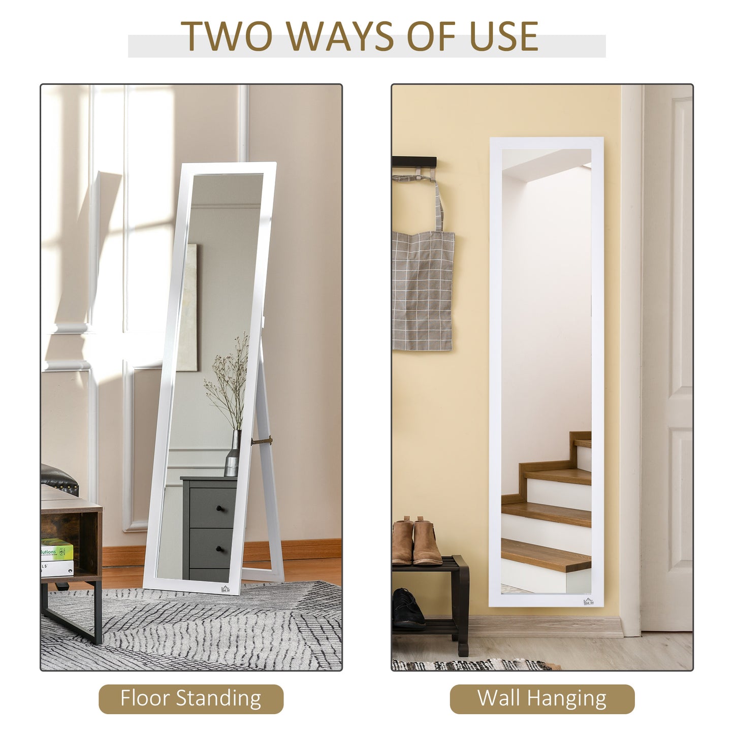 White Full Length Mirror, Freestanding Or Wall Mounted For Bedroom, Living Room, Bathroom