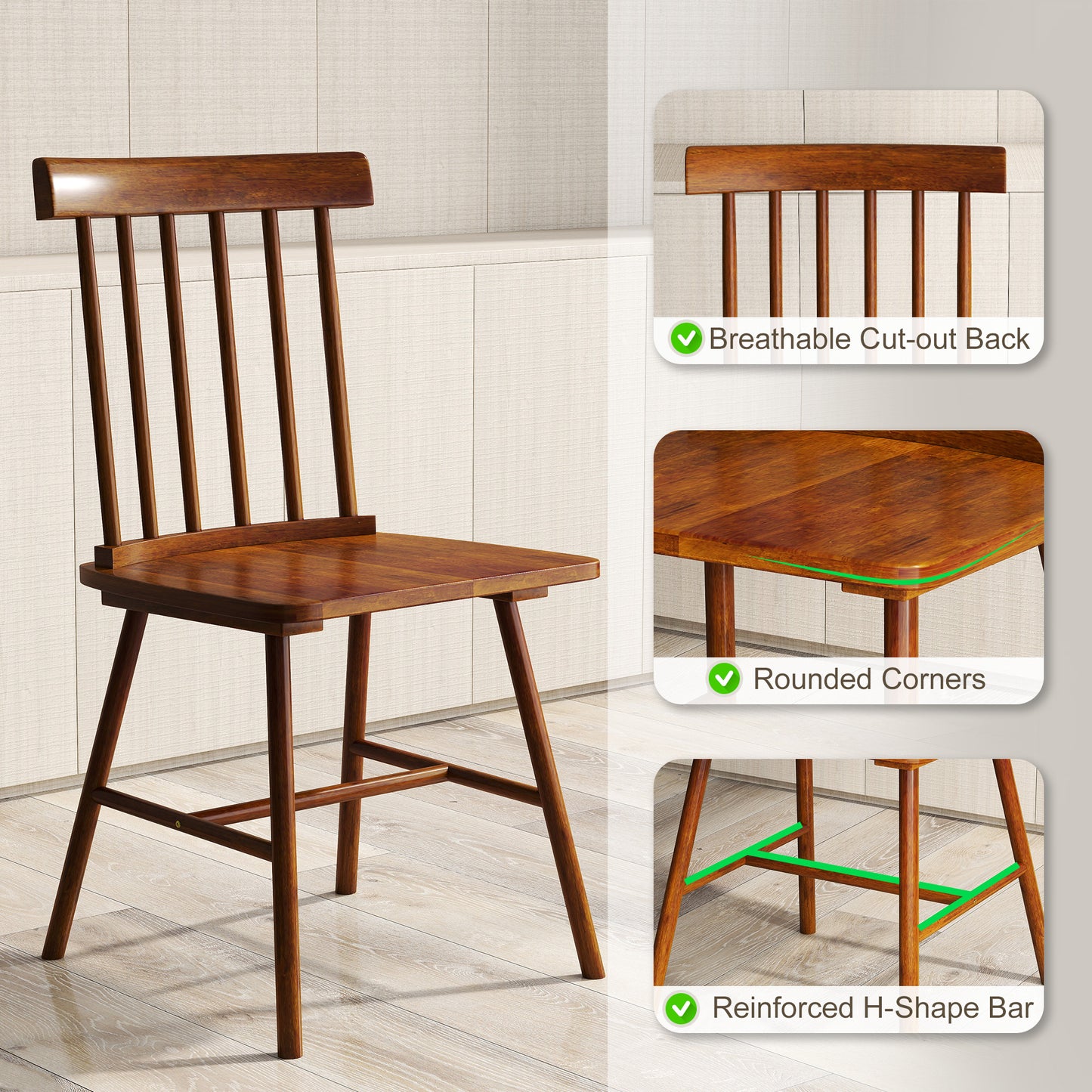 Dining Chairs Set of 4, Farmhouse Wood Kitchen Chairs with Rubber Wood Frame, Spindle Back for Dining Room, Light Brown