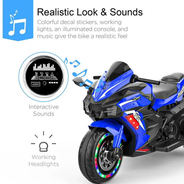 Kids Powered Ride-ons Toy, Kids Motorcycle For 3-6 Years, 12V Electric Ride On Motorcycle With Light Wheel & Bluetooth Music-Blue