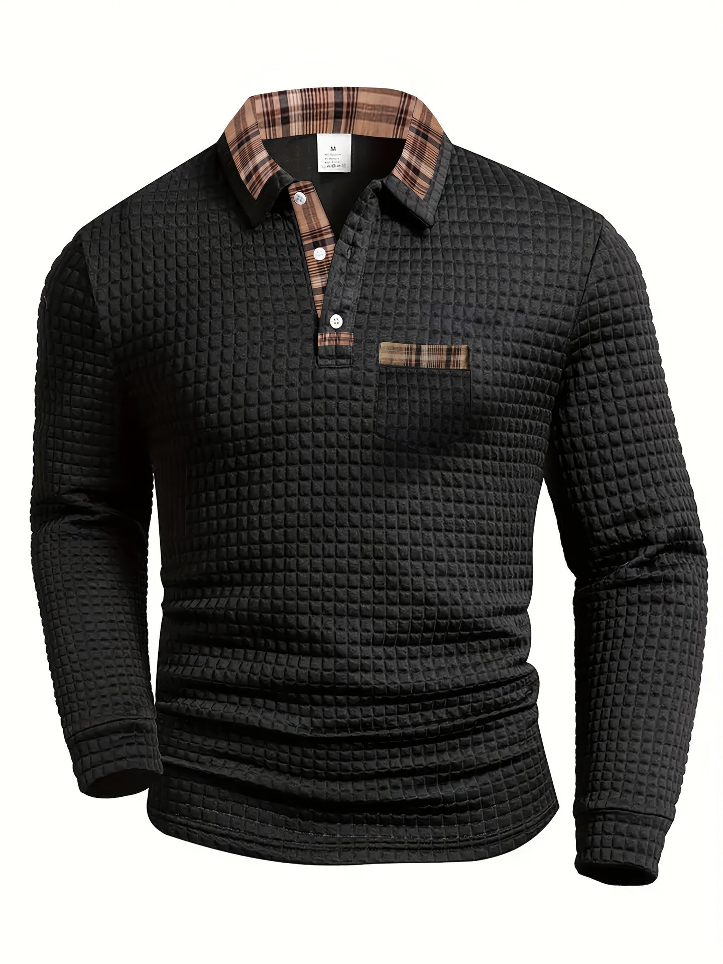 Solid Color Plaid Pocket Lapel Long Sleeve Sport Polo Shirt For Men