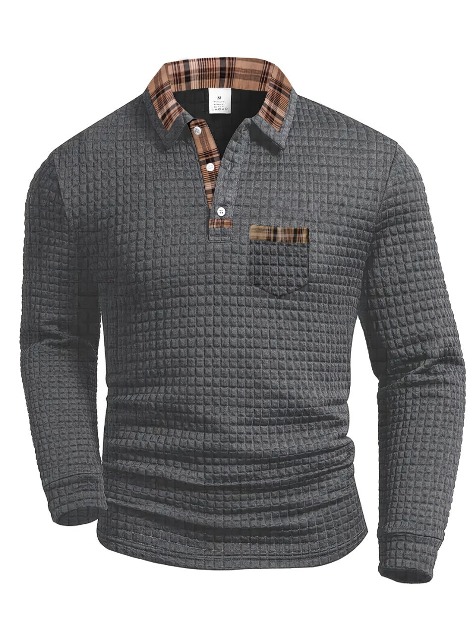 Solid Color Plaid Pocket Lapel Long Sleeve Sport Polo Shirt For Men