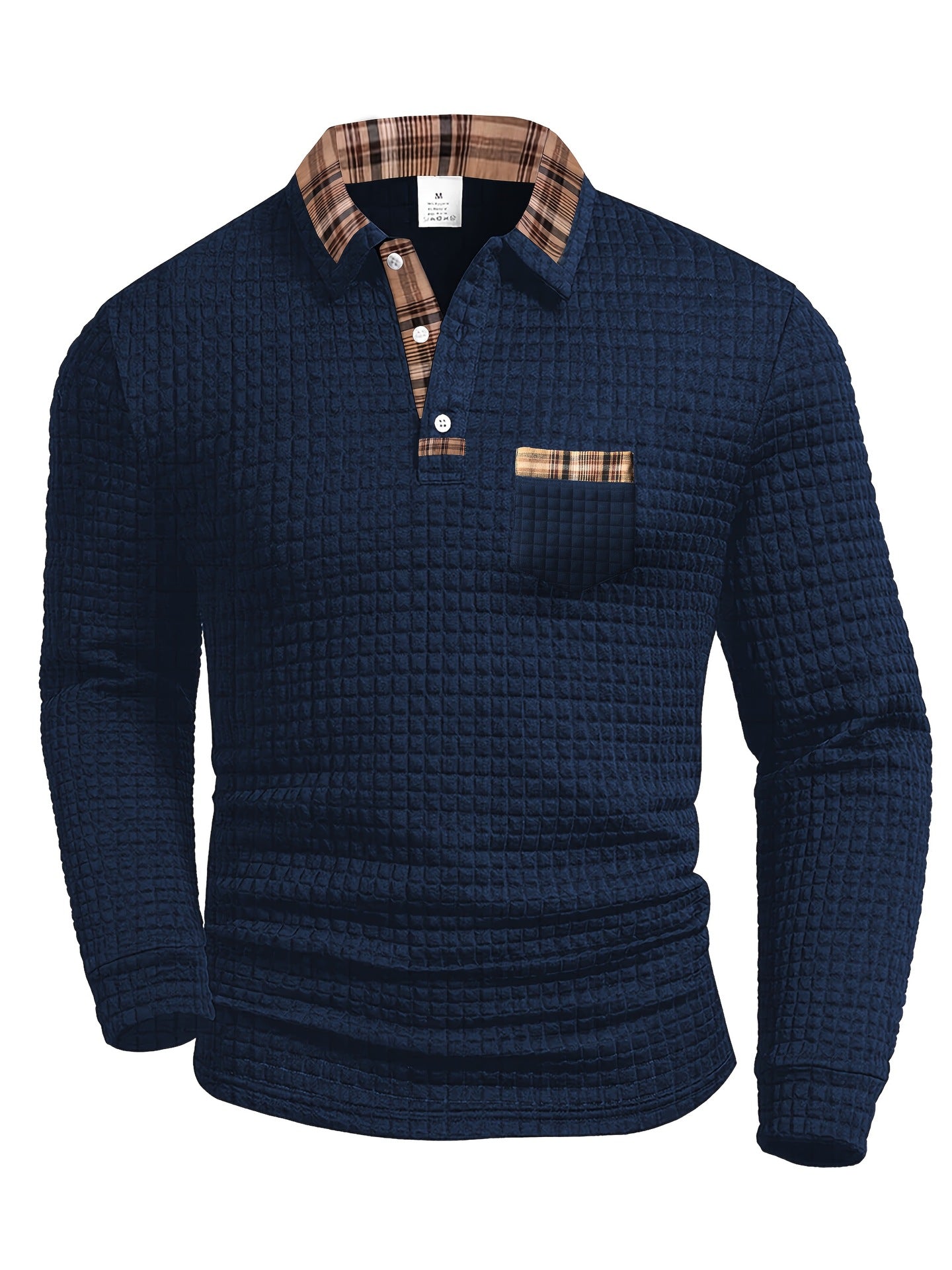 Solid Color Plaid Pocket Lapel Long Sleeve Sport Polo Shirt For Men