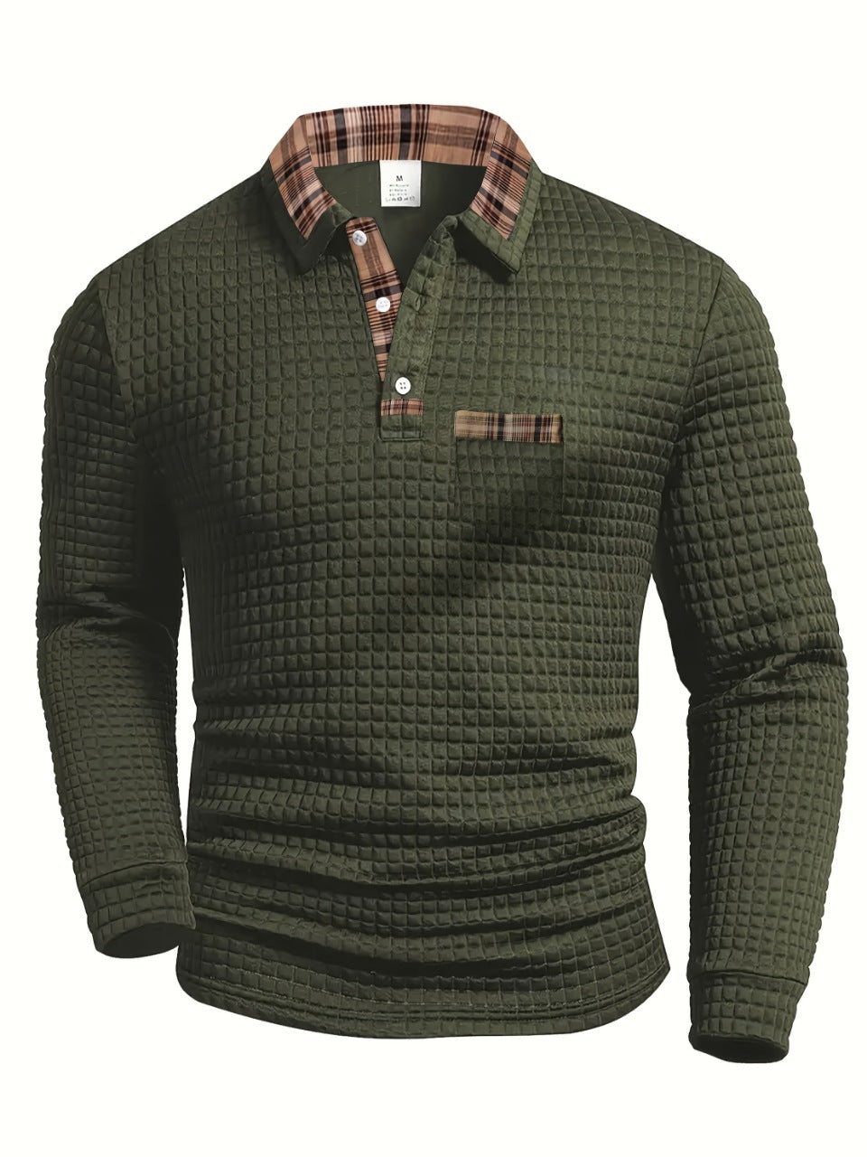 Solid Color Plaid Pocket Lapel Long Sleeve Sport Polo Shirt For Men