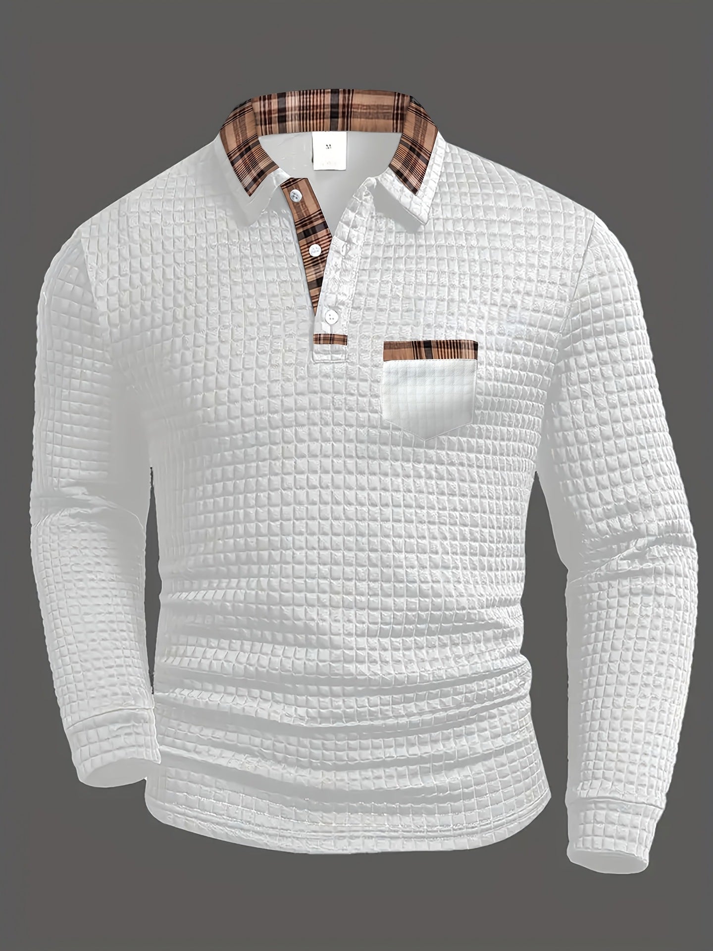 Solid Color Plaid Pocket Lapel Long Sleeve Sport Polo Shirt For Men