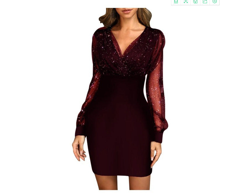 Gauze V-Neck Sequin Gown
