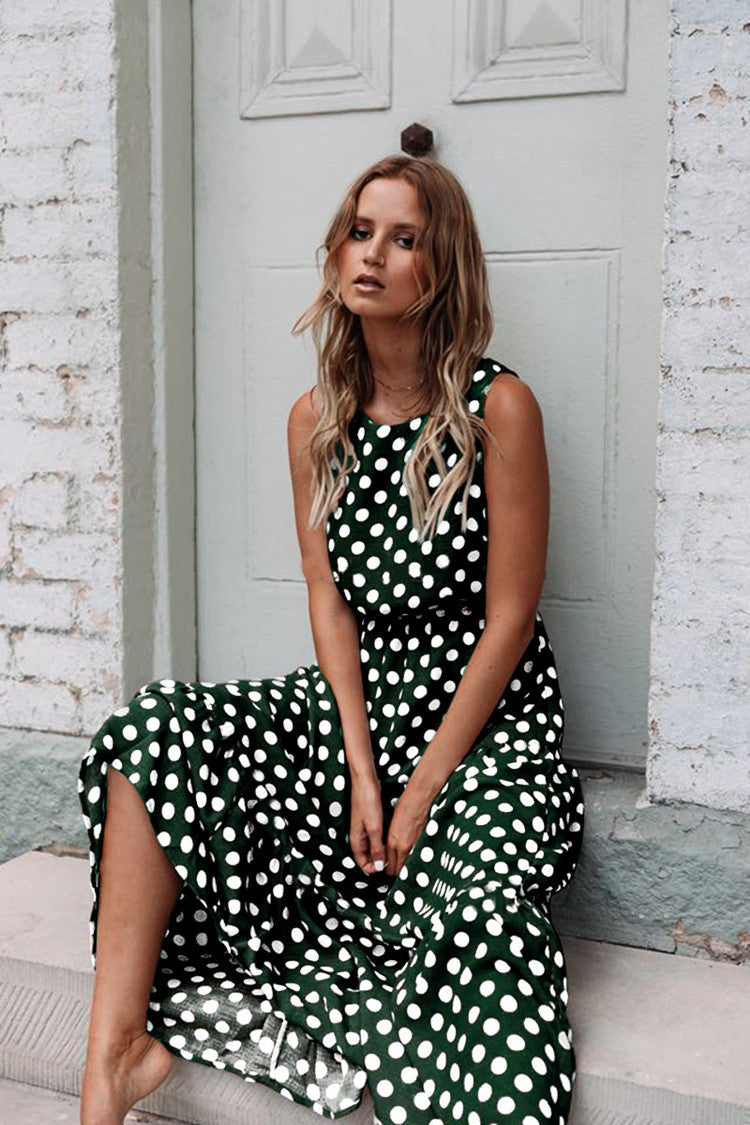 Printed Polka-Dot Crewneck Dress