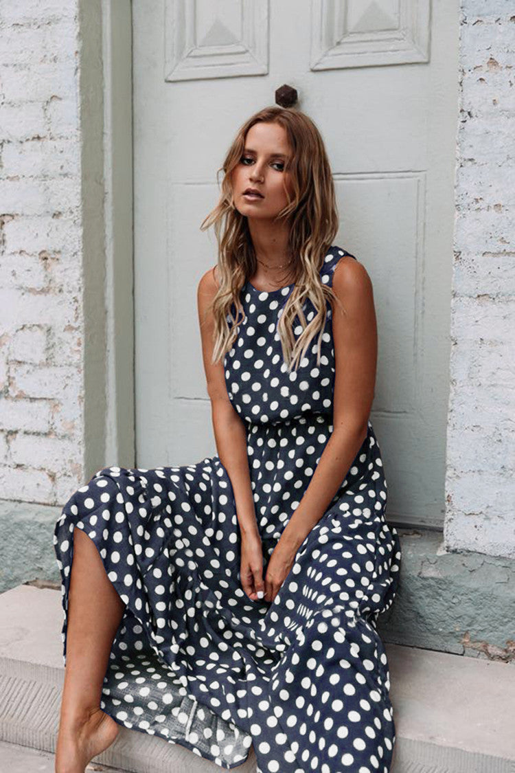 Printed Polka-Dot Crewneck Dress