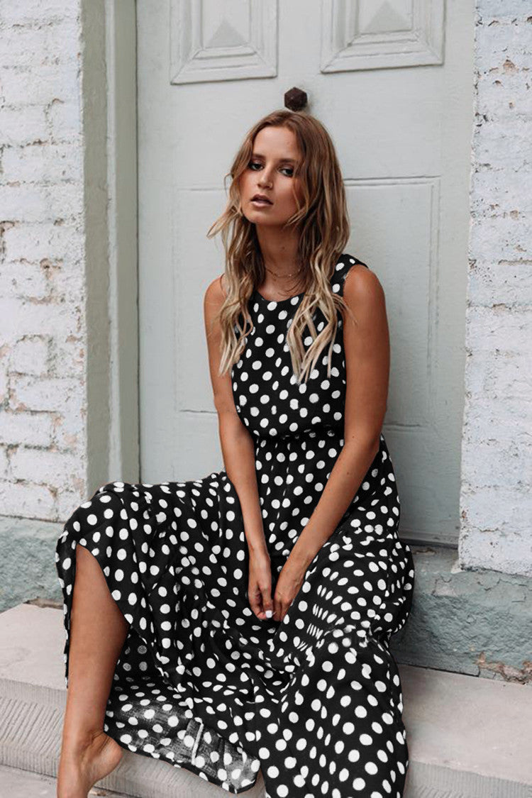 Printed Polka-Dot Crewneck Dress