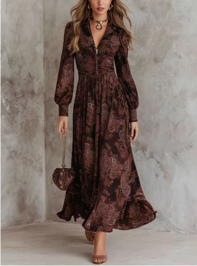 V-Neck Waist Puff Sleeve Dress