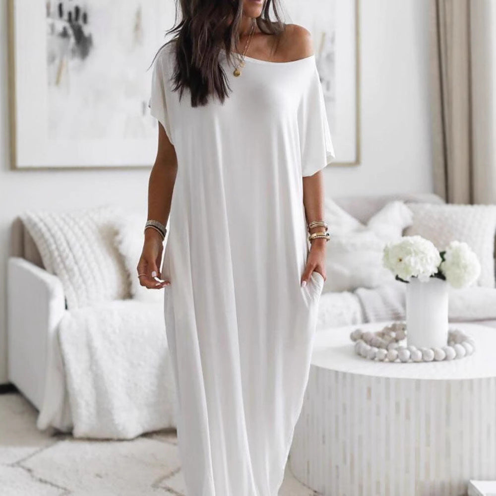 Solid Color Short Sleeve Long Nightgown