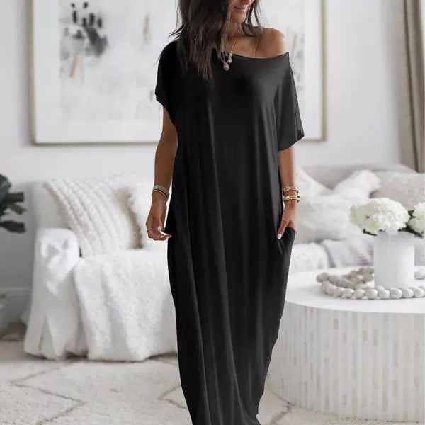 Solid Color Short Sleeve Long Nightgown