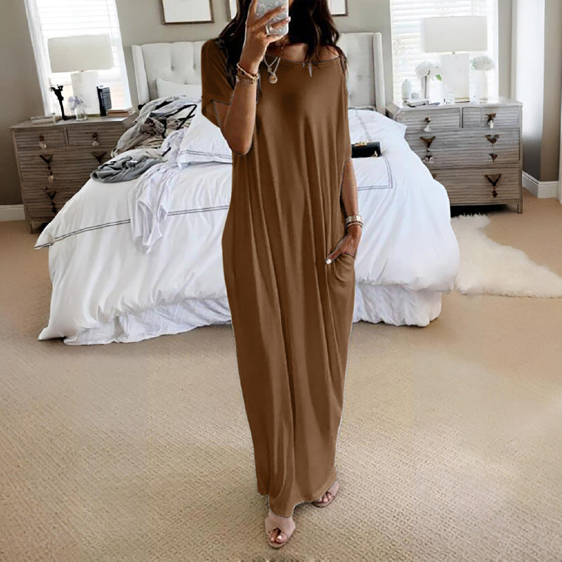 Solid Color Short Sleeve Long Nightgown