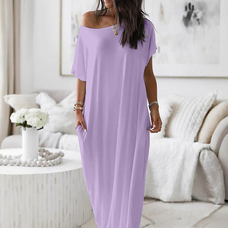 Solid Color Short Sleeve Long Nightgown