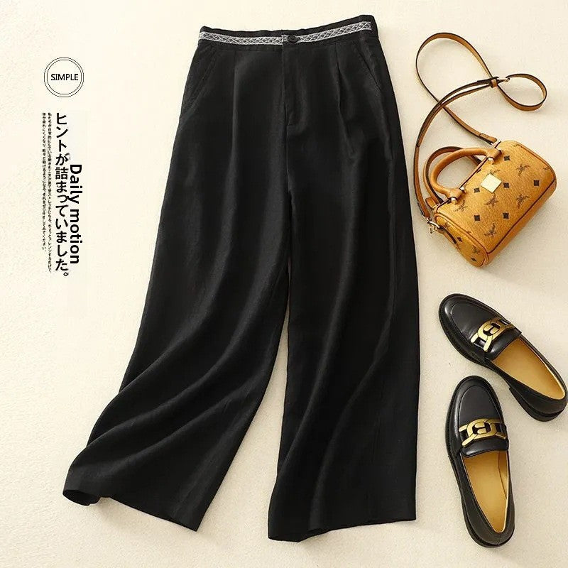 Embroidered Cotton And Linen Wide-Leg Pants