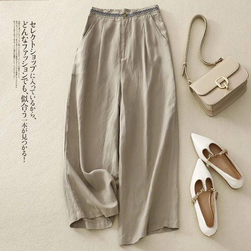 Embroidered Cotton And Linen Wide-Leg Pants