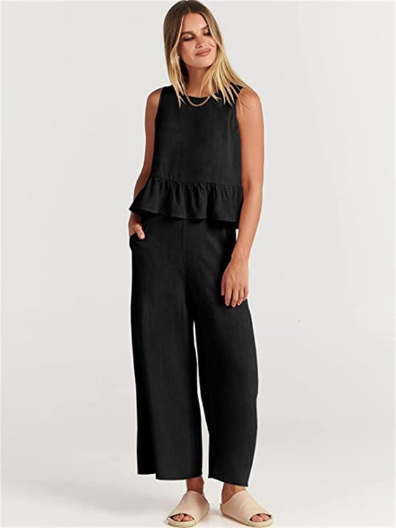 Sleeveless Pleated Casual Suit