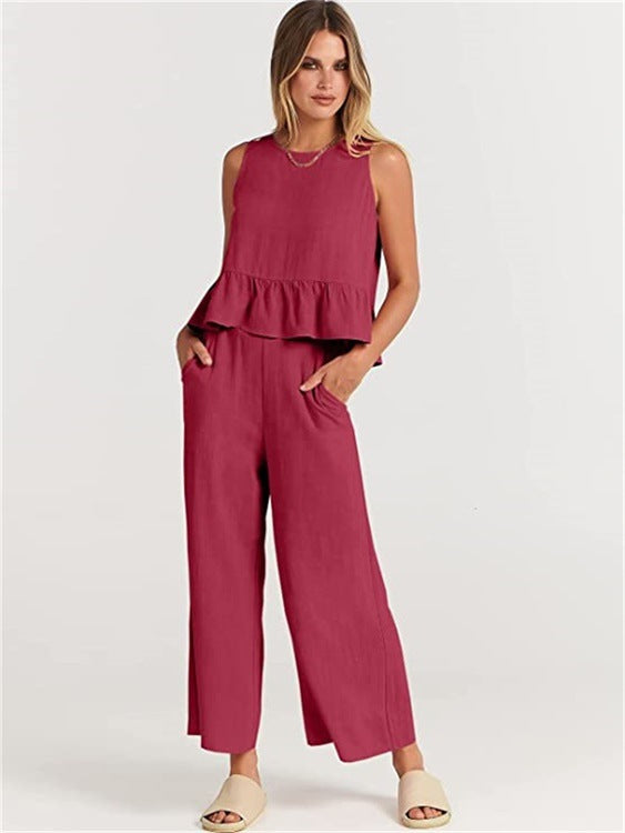 Sleeveless Pleated Casual Suit