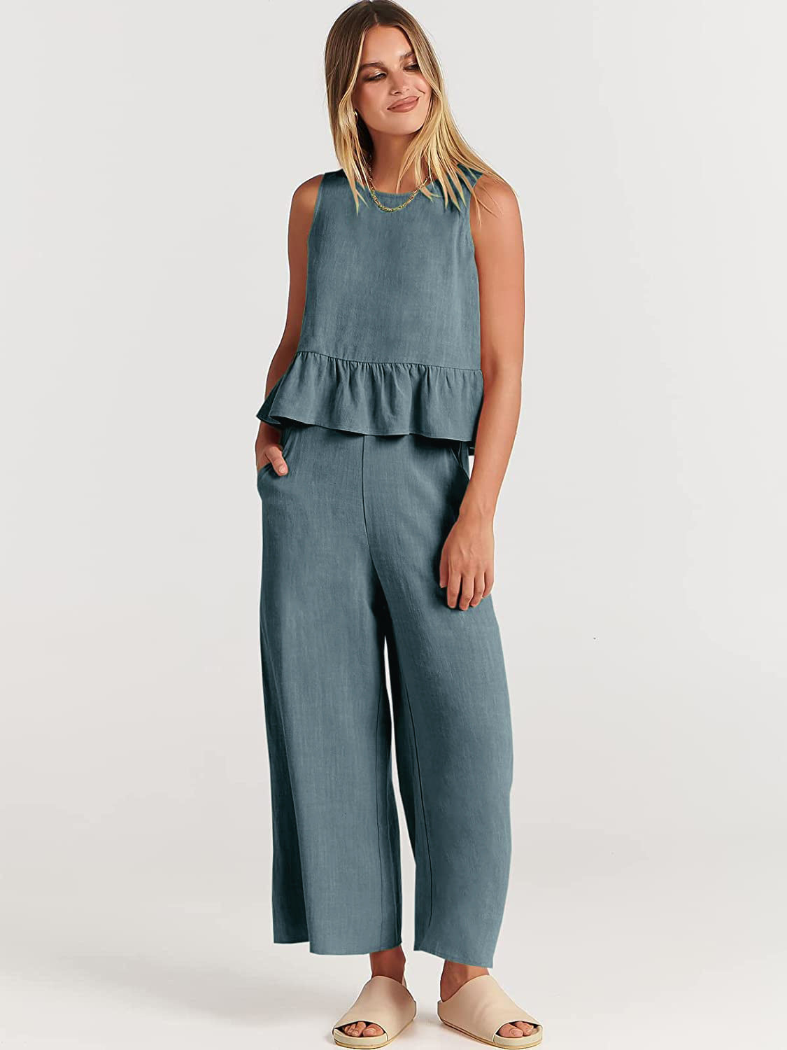 Sleeveless Pleated Casual Suit