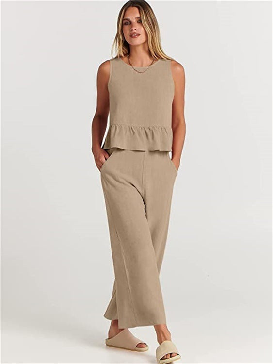 Sleeveless Pleated Casual Suit