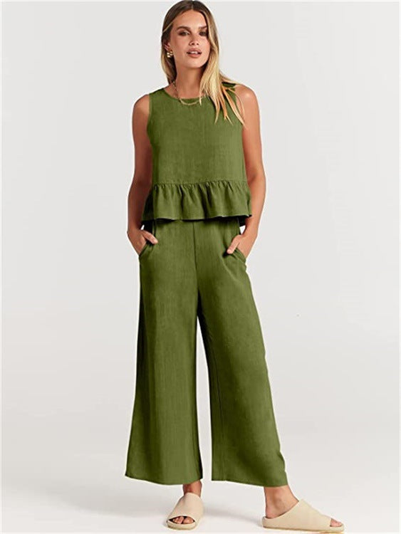 Sleeveless Pleated Casual Suit