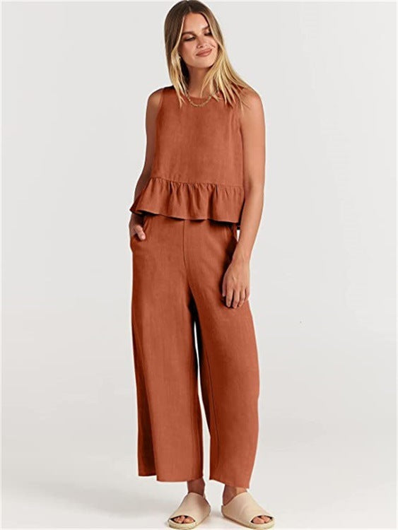 Sleeveless Pleated Casual Suit