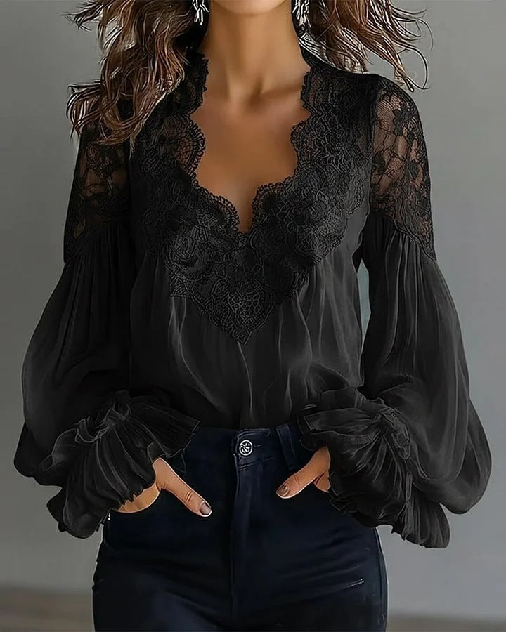 Lace Stitching Puff Sleeve Shirt