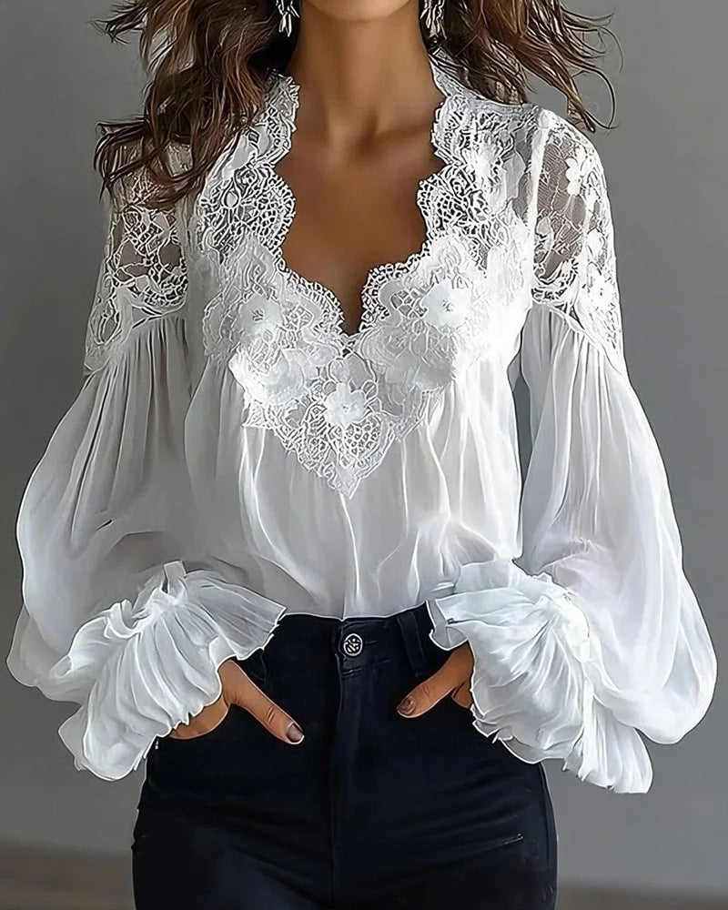Lace Stitching Puff Sleeve Shirt