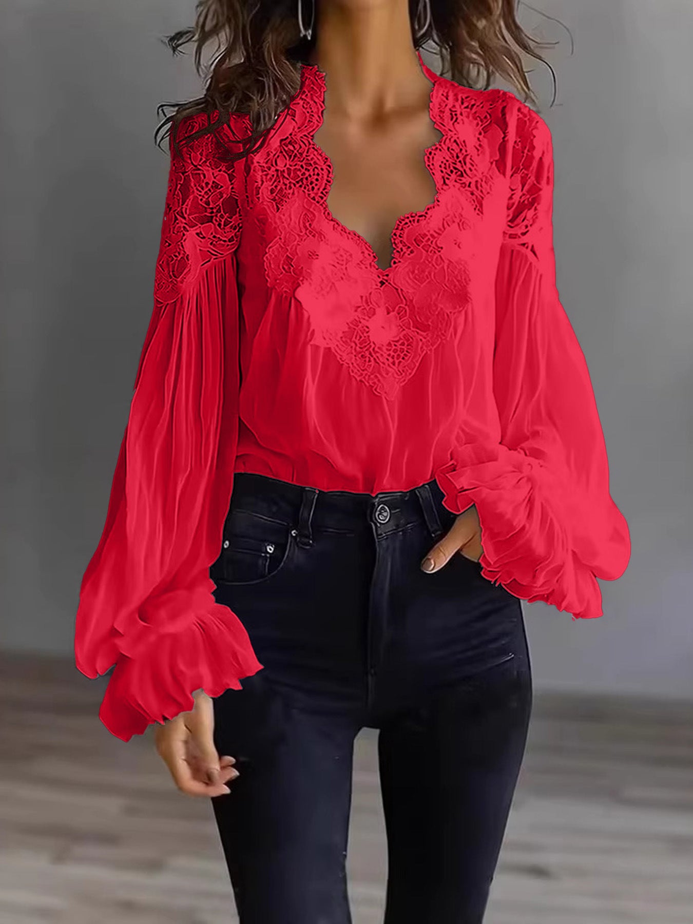 Lace Stitching Puff Sleeve Shirt