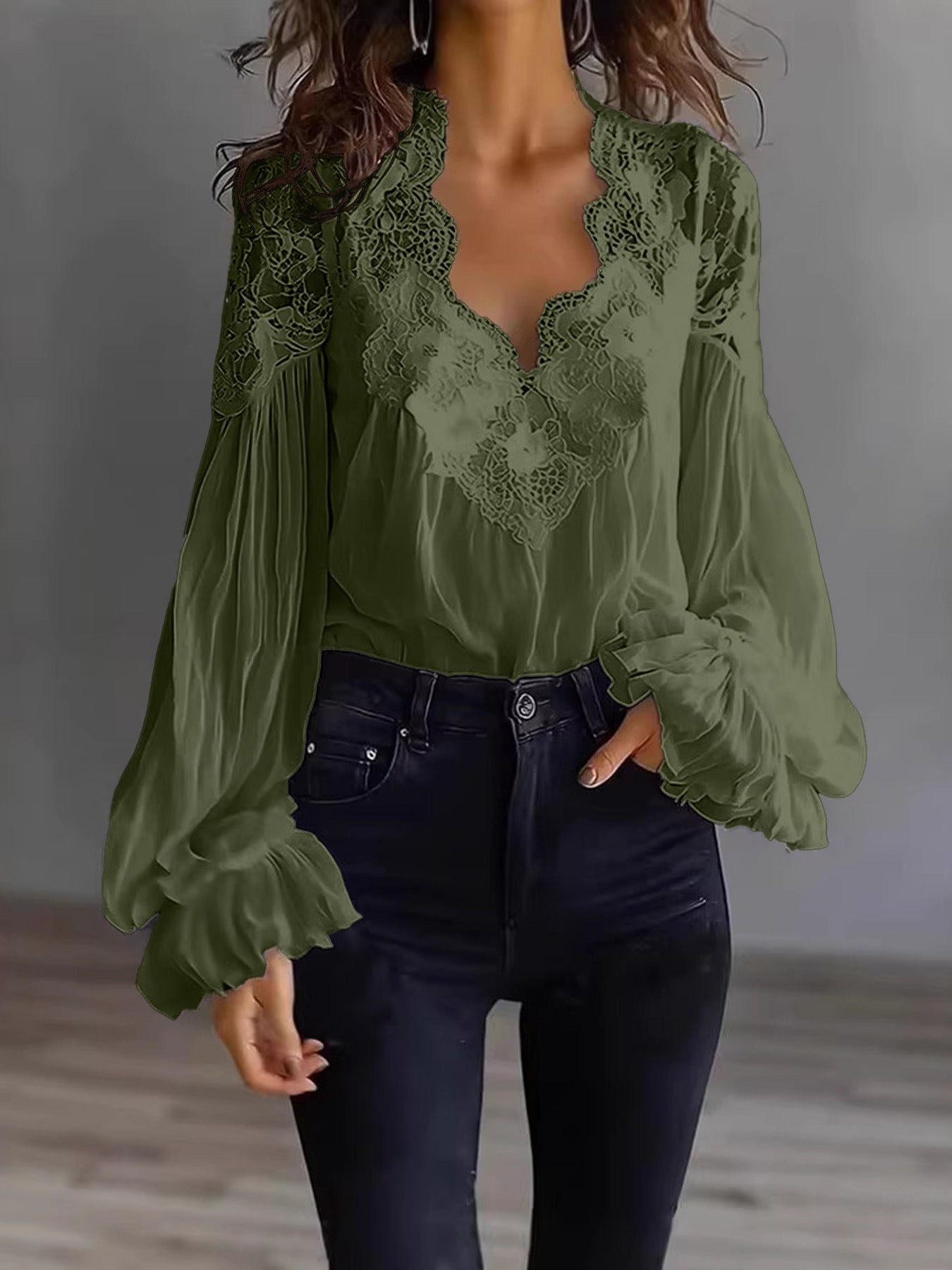 Lace Stitching Puff Sleeve Shirt